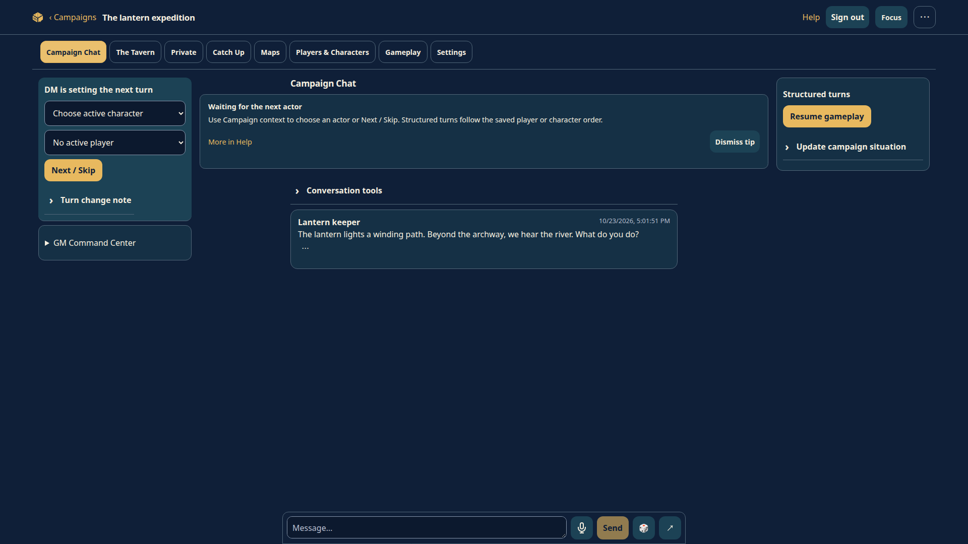 RPG Echo campaign chat with shared images and character tools